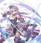  1girl aqua_eyes armor bare_shoulders belt blush breasts crown dual_wielding highres holding holding_sword holding_weapon lavender_hair long_hair nadare-san_(nadare3nwm) open_mouth original outstretched_arm simple_background solo sword weapon white_background 