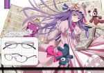  1girl bandages bespectacled blue_bow blue_ribbon book bow capelet crescent crescent_hair_ornament dress expressionless glasses hair_bow hair_ornament hat hat_ribbon long_hair long_sleeves looking_at_viewer mob_cap nabeshima_tetsuhiro patchouli_knowledge purple_hair red_bow red_ribbon ribbon sidelocks solo striped striped_dress stuffed_animal stuffed_toy teddy_bear touhou vertical_stripes very_long_hair violet_eyes 