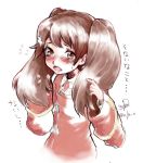  1girl blush brown_eyes brown_hair fang flat_chest hands_in_hair kantai_collection looking_at_viewer magatama open_mouth owju_(ouju) ryuujou_(kantai_collection) sketch solo translation_request twintails 