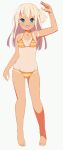  1girl 9law :d bikini blonde_hair breasts character_name copyright_request full_body green_eyes long_hair one-piece_tan one_side_up open_mouth smile solo standing striped striped_bikini swimsuit tan tanline 