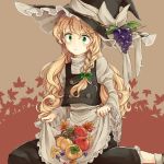  1girl ankle_socks apple apron apron_lift autumn_leaves berries black_dress blonde_hair bow braid chestnut dress food frilled_dress frilled_hat frilled_sleeves frills fruit grapes green_eyes green_ribbon hat hat_bow kirisame_marisa long_hair long_sleeves mushroom persimmon puffy_long_sleeves puffy_sleeves ribbon sakana_ko side_braid single_braid sitting skirt_basket solo touhou waist_apron wariza wavy_hair wide_sleeves witch_hat 