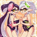  +_+ 2girls aori_(splatoon) black_hair breasts bustier cleavage corset cross-laced_clothes detached_collar domino_mask earrings eyebrows fangs food food_on_head frame grin hat holding_hands hotaru_(splatoon) isamu-ki_(yuuki) jewelry lingerie long_hair looking_at_viewer mask mole mole_under_eye multiple_girls object_on_head open_mouth pointy_ears short_hair silver_hair smile splatoon strapless symbol-shaped_pupils tentacle_hair tentacles thick_eyebrows underwear yellow_eyes 