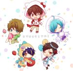  5boys ;d ahoge animal_hood aqua_hair balloon barufoa beamed_quavers blue_hair brown_hair cat_hood chibi cosplay ensemble_stars! fang food fruit hair_over_one_eye hat hello_kitty hood kigurumi male_focus morisawa_chiaki multicolored_hair multiple_boys musical_note nagumo_tetora one_eye_closed open_mouth purple_hair quaver redhead ryuuseitai sengoku_shinobu shinkai_kanata short_hair smile star strawberry streaked_hair takamine_midori two-tone_hair 