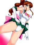  1girl bishoujo_senshi_sailor_moon blue_eyes bow brown_hair cowboy_shot elbow_gloves expressionless gloves green_skirt hair_bobbles hair_ornament hand_on_hip highres kino_makoto long_hair magical_girl panties pink_bow pleated_skirt ponytail sailor_jupiter shiny shiny_skin sidelocks skirt solo super_sailor_jupiter tiara underwear upskirt warabimochi_(pixiv) white_background white_gloves white_panties 