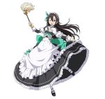  1boy androgynous black_eyes black_hair hair_between_eyes highres holding kirito kirito_(sao-ggo) long_hair maid maid_headdress official_art one_eye_closed open_mouth otoko_no_ko simple_background smile solo sword_art_online sword_art_online:_code_register white_background 