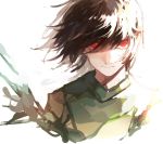  androgynous brown_hair chara_(undertale) expressionless red_eyes shirt simple_background solo striped striped_shirt tsugutoku undertale upper_body white_background 