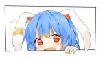  1girl animal_ears blue_hair fourth_wall long_hair misha_(hoongju) open_mouth rabbit_ears red_eyes seiran_(touhou) smile solo touhou 