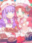  2girls :d apron blush bow brown_hair chef_hat chocolate chocolate_heart dress fate/grand_order fate_(series) food frilled_apron frills green_eyes hair_bow hands_raised hat heart long_sleeves looking_at_viewer matou_sakura multiple_girls nekotawa open_mouth purple_hair short_hair smile toosaka_rin twintails violet_eyes younger 