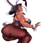  1girl animal_ears ass bare_shoulders blush breasts bunnysuit dark_skin gen&#039;en_(sioherashi) huge_ass large_breasts leotard lips open_mouth pantyhose playboy_bunny_leotard ponytail purple_hair pursed_lips rabbit_ears short_hair sideboob simple_background solo thick_thighs thighs white_background 