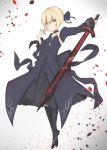  1girl absurdres black_legwear blonde_hair bow braid dark_excalibur dark_persona detached_sleeves dress emushake excalibur fate/grand_order fate/stay_night fate_(series) french_braid frilled_sleeves frills hair_bow highres saber saber_alter solo sword weapon white_background yellow_eyes 