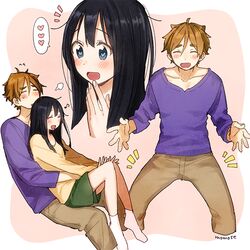  1boy 1girl :d ^_^ black_hair blue_eyes brown_hair closed_eyes couple expressions heart heart-shaped_pupils hetero kitashirakawa_tamako lap_chair long_hair momose_(oqo) ooji_mochizou open_mouth pose short_hair smile sweater symbol-shaped_pupils tamako_market 