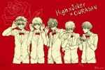  5boys akiyama_hayato bow bowtie formal fuyumi_jun gloves high_x_joker idolmaster idolmaster_side-m iseya_shiki male_focus monochrome multiple_boys parody red_background sakaki_natsuki spot_color suit sunglasses sunglasses_removed sweatband tokio_(music) twitter_username u_(uirou_k) wakazato_haruna 