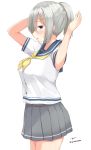  1girl alternate_hairstyle arms_up blue_eyes blush breasts chaa_(korone-ze) from_side grey_skirt hair_ornament hairclip hamakaze_(kantai_collection) high_ponytail highres kantai_collection large_breasts looking_at_viewer looking_to_the_side neckerchief no_gloves no_legwear pleated_skirt ponytail school_uniform serafuku short_hair short_sleeves silver_hair simple_background skirt solo twitter_username white_background 