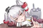  1girl amatsukaze_(kantai_collection) bangs blush_stickers close-up drink euaksae_(ughbird) eyebrows eyebrows_visible_through_hair face fang glass gloves hair_tubes head_tilt highres holding_glass kantai_collection long_sleeves looking_at_viewer open_mouth rensouhou-kun silver_hair simple_background single_glove sketch tsurime white_background yellow_eyes 