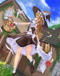  1girl :d animal arch back bag bangs basket bird black_hat black_shoes black_skirt black_vest blonde_hair blue_ribbon blue_sky bow braid brown_eyes building clouds door dove dutch_angle feathers frills from_behind from_below grass hat hat_ribbon highres house kirisame_marisa lace-trimmed_skirt leaf light_brown_hair long_hair muireko mushroom open_mouth outdoors plant profile puffy_short_sleeves puffy_sleeves ribbon ribbon-trimmed_sleeves ribbon_trim sash shirt shoes short_sleeves single_braid skirt skirt_set sky smile socks solo stairs touhou tree upskirt vest vines walking white_bow white_legwear white_shirt window witch_hat wrist_cuffs 
