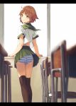  1girl ass black_legwear blush brown_hair chair classroom desk from_behind green_eyes indoors kinta_(distortion) looking_at_viewer looking_back original panties pantyshot pantyshot_(standing) pleated_skirt school_desk school_uniform serafuku short_hair skirt skirt_lift smile solo standing striped striped_panties thigh-highs underwear upskirt wind wind_lift window 