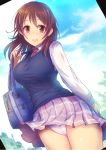  1girl arm_at_side bag blue_sky blush breasts brown_eyes brown_hair collared_shirt cowboy_shot day duffel_bag eyebrows eyebrows_visible_through_hair haneda_risa idolmaster idolmaster_cinderella_girls kara_(color) large_breasts long_sleeves looking_at_viewer miniskirt necktie open_mouth outdoors over_shoulder panties pink_panties pink_skirt pleated_skirt red_necktie school_bag shiny shiny_skin shirt skirt sky smile solo standing sweater_vest tareme underwear upskirt white_shirt wind wind_lift wing_collar 