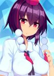  1girl blue_background blush covered_nipples hat looking_at_viewer mikan_(bananoha) pom_pom_(clothes) puffy_sleeves purple_hair red_eyes shameimaru_aya shirt short_hair short_sleeves solo string tokin_hat touhou upper_body 