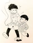  2boys age_difference ankie child cigarette closed_eyes freckles greyscale hand_in_pocket hand_on_hip long_sleeves male_focus matsuno_osomatsu messy_hair monochrome multiple_boys osomatsu-kun sextuplet_(osomatsu-kun) smile totoko&#039;s_brother trench_coat walking wing_collar 