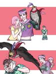  1girl 2boys 2koma bird black_eyes black_hair bow bowtie braid comic dixie_cup_hat falcon gloves green_gloves groin hair_bobbles hair_ornament hat higashikata_joushuu higashikata_jousuke_(jojolion) hirose_yasuho jojo_no_kimyou_na_bouken jojolion military_hat multiple_boys navel open_mouth pecking pet_shop pink_hair reammara red_scarf sailor scarf single_glove smile sweat wristband 