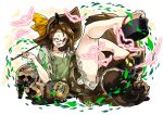  1girl ;d animal_ears brown_eyes brown_hair collarbone commentary_request full_body futatsuiwa_mamizou glasses gourd hat hat_ribbon holding_pipe izuna_nie kiseru leaf leaf_on_head looking_at_viewer one_eye_closed open_mouth pipe raccoon_ears raccoon_tail ribbon short_hair smile smoking_pipe solo tail tanuki touhou white_background 