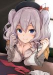  1girl beret blue_eyes breasts cleavage epaulettes frilled_sleeves frills gloves grey_eyes hat kantai_collection kashima_(kantai_collection) looking_at_viewer max_melon_teitoku military military_uniform sidelocks silver_hair single_glove smile solo tsurime twintails uniform wavy_hair white_gloves 