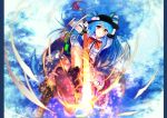  1girl blue_hair blue_sky boots cibo_(killy) clouds flaming_sword food fruit hat hinanawi_tenshi long_hair looking_at_viewer peach puffy_short_sleeves puffy_sleeves red_eyes shirt short_sleeves skirt sky smile solo sword_of_hisou touhou very_long_hair 