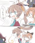 &gt;_&lt; 2koma 4girls akigumo_(kantai_collection) alternate_eye_color blouse blue_eyes blush brown_hair closed_eyes comic grabbing grabbing_from_behind green_eyes hair_ornament hair_ribbon hand_on_another&#039;s_cheek hand_on_another&#039;s_face itomugi-kun jacket kantai_collection kazagumo_(kantai_collection) kisaragi_(kantai_collection) long_hair long_sleeves looking_to_the_side multiple_girls necktie open_mouth out_of_frame ponytail purple_hair remodel_(kantai_collection) ribbon school_uniform serafuku surprised uzuki_(kantai_collection) white_blouse 