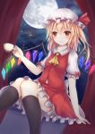  1girl ascot bangs black_legwear blonde_hair blush cup curtains dutch_angle fang_out flandre_scarlet frilled_shirt_collar frilled_sleeves frills full_moon hat hat_ribbon highres holding holding_cup kashiwagi_yamine kneehighs knees_together_feet_apart mob_cap moon night night_sky petticoat puffy_short_sleeves puffy_sleeves red_eyes red_ribbon ribbon short_sleeves side_ponytail sitting skirt skirt_set sky smile solo star_(sky) starry_sky teacup touhou wings 