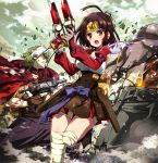  1boy 1girl bandaged_leg breasts brown_gloves brown_hair cape clenched_teeth dual_wielding glasses gloves green_hair gun highres holding holding_gun holding_weapon ikoma_(kabaneri) japanese_clothes koutetsujou_no_kabaneri long_hair mumei_(kabaneri) nyoronyoro open_mouth red_eyes short_hair shorts teeth weapon white_hair 