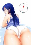  ! 1girl ass bangs blue_hair blurry blush camisole cowboy_shot depth_of_field eyelashes from_above from_behind idolmaster kisaragi_chihaya lipgloss lips long_hair looking_at_viewer looking_back lying mattari_yufi no_pants on_bed on_stomach panties profile sleeveless small_breasts solo speech_bubble spoken_exclamation_mark strap_gap striped sweat underwear white_background white_panties yellow_eyes 