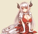 1girl alicia_(granblue_fantasy) beige_background breasts cleavage dress earrings gloves granblue_fantasy highres horns jewelry large_breasts long_hair looking_at_viewer pointy_ears red_eyes silver_hair simple_background smile solo white_gloves yhes70903 