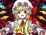  1girl ascot blonde_hair crystal fang flandre_scarlet hat hat_ribbon highres looking_at_viewer mob_cap open_mouth outstretched_arms puffy_sleeves red_eyes ribbon shirt short_sleeves side_ponytail slit_pupils smile solo touhou upper_body vest wings wrist_cuffs yuka_yukiusa 