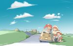  3girls blue_sky brown_hair car closed_eyes clouds dress fiat_500 flat_tire garter_straps glasses grass hanomido hat house italy kantai_collection kneeling landscape libeccio_(kantai_collection) light_brown_hair littorio_(kantai_collection) map miniskirt motor_vehicle multiple_girls open_mouth power_lines reading redhead road roma_(kantai_collection) sailor_dress skirt sky smile sweatdrop telephone_pole thigh-highs twitter_username vehicle wheel |_| 