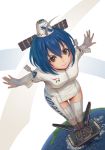  1girl american_flag badge bangs blue_hair boots breasts bridal_gauntlets brown_eyes character_name closed_mouth clothes_writing dress earth from_above giantess hair_between_eyes headgear highres looking_at_viewer original outstretched_arms personification pinakes short_hair smile solo spacex spacex_falcon_9 standing thigh-highs thigh_gap white_dress white_legwear 