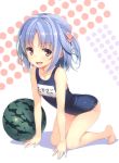  1girl :d absurdres all_fours arched_back bare_legs barefoot blue_hair flat_chest food fruit full_body hair_ornament highres ideologue! looking_at_viewer name_tag old_school_swimsuit open_mouth pink_eyes scan school_swimsuit short_hair smile solo swimsuit two_side_up watermelon yuuki_hagure 