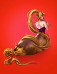  1girl absurdly_long_hair amano-g animal_ears ass bare_shoulders blonde_hair blue_eyes bottomless centaur centorea_shianus corset from_behind high_ponytail highres horse_ears lips long_hair looking_back lying monster_girl monster_musume_no_iru_nichijou on_side pointy_ears ponytail red_background riding_crop solo tail very_long_hair 