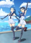  2girls :d armpits ata_(egalite) bangs black_legwear blue_eyes blue_hair blue_sky building clouds dress elbow_gloves gloves gradient_hair green_eyes hair_ribbon hands_raised highres jewelry kantai_collection long_hair looking_at_another low_twintails mountain multicolored_hair multiple_girls necklace ocean one_leg_raised open_mouth ribbon sailor_collar sailor_dress samidare_(kantai_collection) school_uniform serafuku shirt sky sleeveless sleeveless_shirt smile suzukaze_(kantai_collection) swept_bangs thigh-highs twintails very_long_hair zettai_ryouiki 