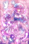  1girl blue_dress breasts butterfly cherry_blossoms closed_eyes dress glowing_butterfly hat highres juliet_sleeves large_breasts long_sleeves mob_cap petals pink_hair puffy_sleeves saigyouji_yuyuko sash smile solo t.m_(aqua6233) touhou triangular_headpiece veil wide_sleeves 