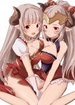  2girls :d aleeza_(granblue_fantasy) alicia_(granblue_fantasy) asymmetrical_docking breast_press breasts cleavage gloves granblue_fantasy horns large_breasts long_hair looking_at_viewer mother_and_daughter multiple_girls muraiaria open_mouth pointy_ears red_eyes silver_hair simple_background sketch smile white_background white_gloves 