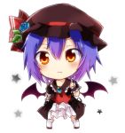  1girl alternate_color bat_wings black_dress blue_hair blue_rose blush brooch chibi closed_mouth dress eyebrows eyebrows_visible_through_hair flower frown full_body gem gradient_hair hair_between_eyes hat hat_flower hat_ribbon jewelry kneehighs looking_at_viewer multicolored_hair orange_eyes purple_hair red_ribbon remilia_scarlet ribbon rose sapphire_(stone) short_hair solo standing star tareme tosura-ayato touhou vampire white_legwear wings wrist_cuffs 