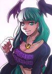  1girl amano-g breasts casual cleavage clothes_writing crop_top crop_top_overhang demon_girl green_eyes green_hair grin head_wings jewelry large_breasts long_hair low_wings midriff morrigan_aensland necklace nose pointing pointing_at_self smile solo succubus upper_body vampire_(game) wings 