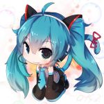  1girl :3 all_fours animal_ears bai_yemeng black_legwear blue_eyes blue_hair candy cat_ears cat_tail chibi fake_animal_ears hatsune_miku headset kemonomimi_mode lollipop long_hair long_sleeves looking_at_viewer mouth_hold ribbon shirt skirt solo tail tail_ribbon thigh-highs twintails very_long_hair vocaloid wide_sleeves 