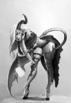  1girl adjusting_hair bangku_an breasts capelet full_body greyscale hanging_breasts high_heels hoof_shoes lips monochrome realistic single_horn single_wing solo tail wings 