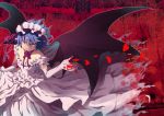  1girl adapted_costume alternate_costume alternate_headwear bare_shoulders bat_wings blood choker dress elbow_gloves evil_grin evil_smile flower gloves grin hairband katoryu_gotoku lavender_hair lolita_hairband long_dress looking_at_viewer petals pink_dress pink_gloves red_background red_eyes remilia_scarlet ribbon ribbon_choker rose short_hair smile solo torn_clothes torn_dress touhou wings 
