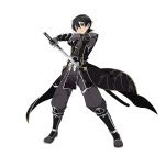  1boy alternate_costume armor black_clothes black_eyes black_hair dual_wielding highres holding holding_sword holding_weapon japanese_armor kirito official_art short_hair simple_background smile solo sword sword_art_online sword_art_online:_code_register weapon white_background 