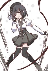  1girl alternate_color beret black_boots black_eyes black_hair black_hat black_legwear boots bow company_connection cosplay fingerless_gloves full_body gloves grey_bow grey_skirt gun hammer_(sunset_beach) hat knee_boots looking_at_viewer magical_musket mahou_shoujo_madoka_magica mizuhashi_kaori monogatari_(series) musket oshino_ougi seiyuu_connection shaft short_hair skirt smile thigh-highs tomoe_mami tomoe_mami_(cosplay) weapon 