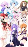  6+girls absurdres alyn_(fairy_fencer_f) ass blanc breasts choujigen_game_neptune choujigen_game_neptune_mk2 commentary_request covered_navel date_a_live drill_hair dual_persona fairy_fencer_f highres if_(choujigen_game_neptune) large_breasts multiple_girls naked_towel navel neptune_(choujigen_game_neptune) neptune_(series) one_eye_closed purple_heart ram_(choujigen_game_neptune) ramu-on@_shinon rom_(choujigen_game_neptune) shorts small_breasts symbol-shaped_pupils towel white_heart 
