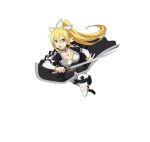 1girl alternate_costume blonde_hair breasts cleavage green_eyes hair_ornament highres holding holding_sword holding_weapon leafa long_hair official_art open_mouth pointy_ears ponytail simple_background solo sword sword_art_online sword_art_online:_code_register weapon white_background white_legwear 