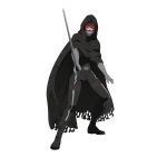  1boy bandages belt black_clothes cloak death_gun highres holding holding_sword holding_weapon hood hooded_cloak long_hair official_art red_eyes simple_background solo sword sword_art_online sword_art_online:_code_register weapon white_background 